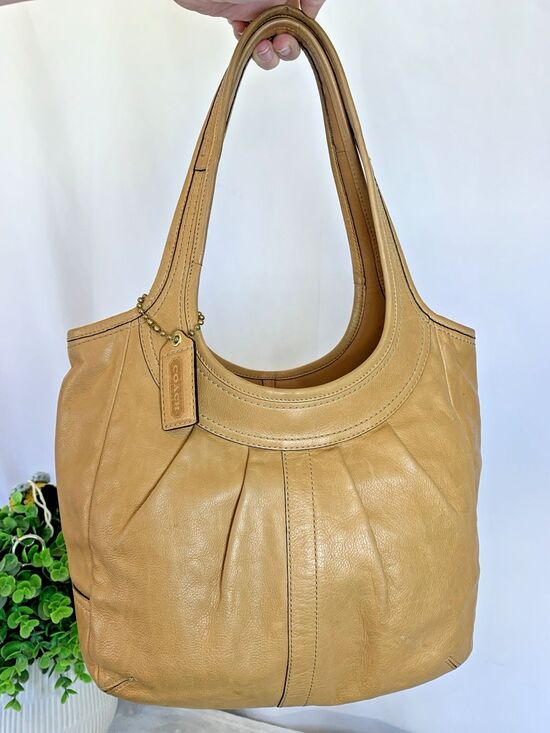 Coach Handbags - Coach Pleated Ergo Tote #12240 Tan Leather Tattersall Lining 2008 Shoulder Bag